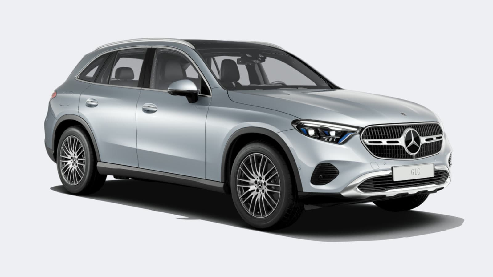 은색 메르세데스-벤츠 GLC 300 4MATIC 앞측면, 밝은 회색 배경의 공식 구성기 이미지