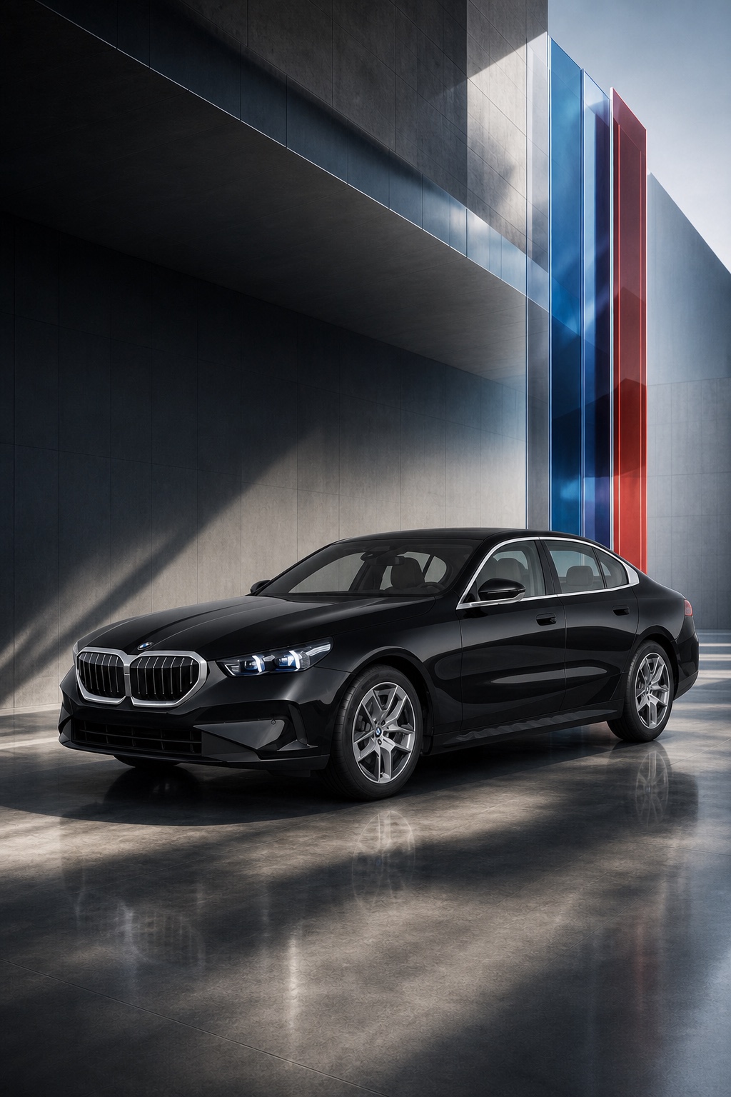 현대적인 전시장에 전시된 검은색 BMW 520i