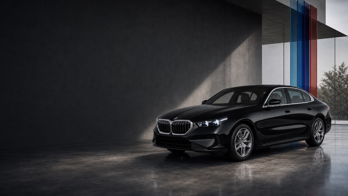 현대적인 전시장에 전시된 검은색 BMW 520i